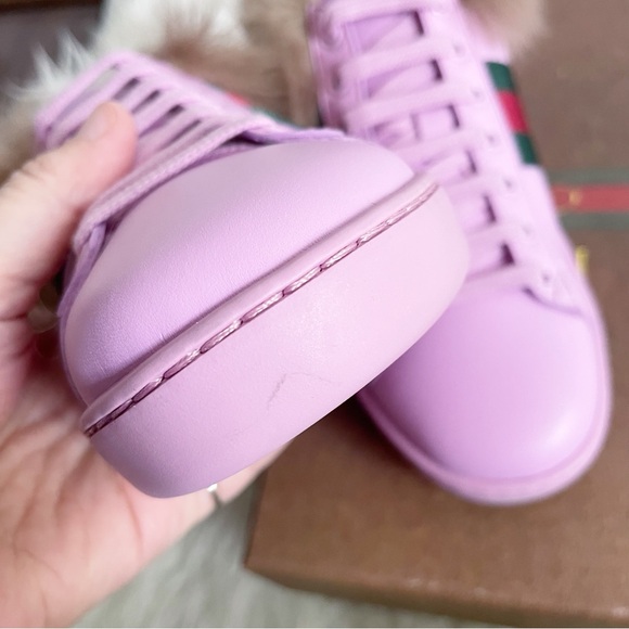 Gucci Ace Fur Lined Sneaker Pink Leather Web Bee NEW size 37 - Picture 11 of 15